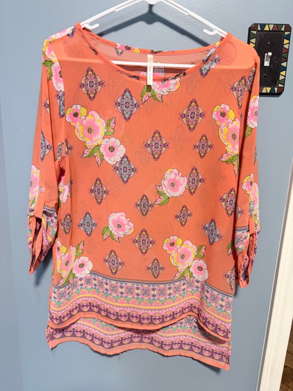 Women's Floral Coral Tunic Top with Roll-Tab Sleeves